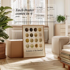 May include: A framed poster titled "Evolution of the Baseball" shows baseballs in different conditions. The poster includes text indicating the poster comes in four sizes: 10x15cm, 15x23cm, 20x30cm, 25x30cm, 30x45cm, 40x50cm, 50x60cm, 13x18cm, A5, A4, A3, A2, A1, 50x70 cm, 15x20cm, 23x30cm, 30x40cm, 45x60cm, 10x13cm, 20x25cm, 40x50cm.