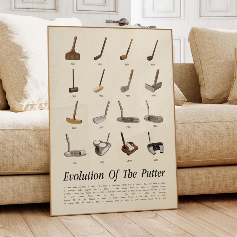 Vintage golf putter evolution poster leaning against beige sofa in rustic living room decor.