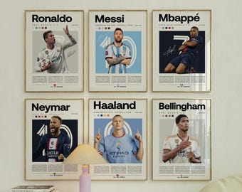 Mbappe Ronaldo Messi Neymar Poster Bundler, Soccer Football Printable Poster, Mid-Century Modern, Uni Dorm Room, Soccer GOATs, Set of 6