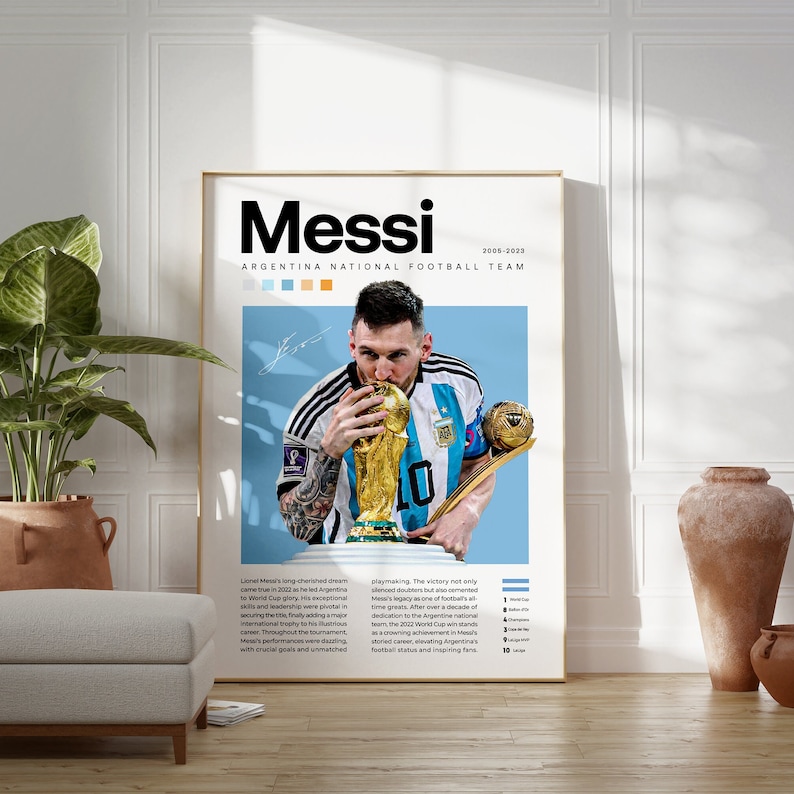 May include: A poster featuring a photo of Lionel Messi holding the FIFA World Cup trophy. The poster has a blue background with the text "Messi 2005-2023 Argentina National Football Team".