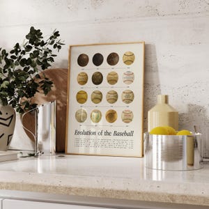 May include: A framed print titled "Evolution of the Baseball" displays a series of baseballs from different eras. The baseballs are arranged in rows, illustrating their development over time. The print has a beige background and a wooden frame.