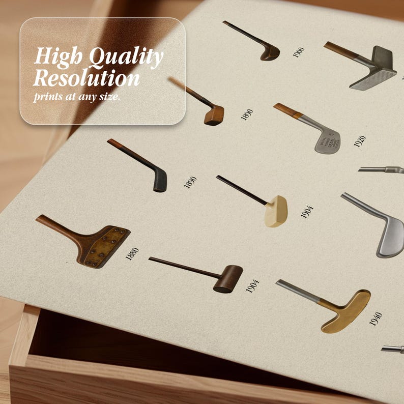 Close-up of high resolution vintage golf putter wall art showing detailed club illustrations