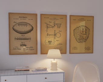 Set of 3 Sports Posters Patent Prints Football Baseball Basketball Sports Fan Gift Wall Art Instant Downloadable Printable