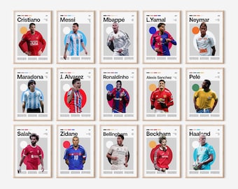 Ronaldo Messi Neymar Mbappe Kane Bellingham Haaland Lamine Yamal Kane Benzema und Postern von Fußball Legenden. Wähle 5 aus 100 Postern