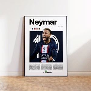 May include: A poster featuring a photo of Neymar Jr., a Brazilian soccer player, wearing a Paris Saint-Germain jersey. The poster has a black background with white text that reads "Neymar", "Paris Saint-Germain FC", "2017-2029", "QATAR AIRWAYS", and "GOA".