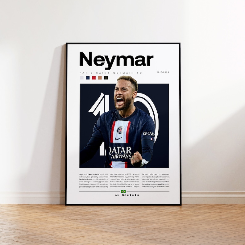 May include: A poster featuring a photo of Neymar Jr., a Brazilian soccer player, wearing a Paris Saint-Germain jersey. The poster has a black background with white text that reads "Neymar", "Paris Saint-Germain FC", "2017-2029", "QATAR AIRWAYS", and "GOA".