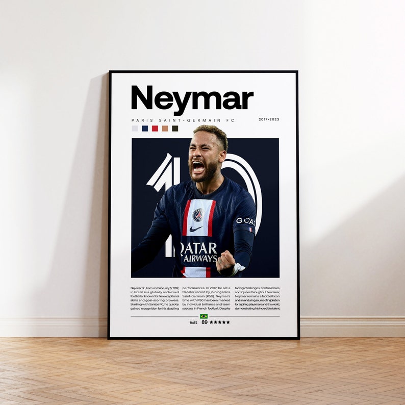 May include: A black and white poster with a photo of Neymar Jr. in a Paris Saint-Germain soccer jersey. The poster has the text "Neymar", "Paris Saint-Germain FC", "2017-2029", "Qatar Airways", and "GOALS".