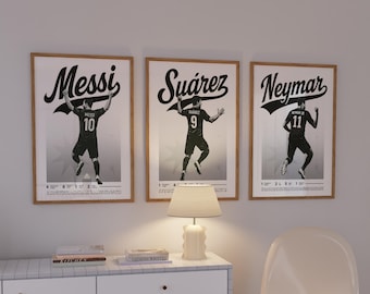 Messi Neymar Suarez set of 3 Monochrome Soccer Posters, Messi Poster, Neymar Football Printable Poster, Mid-Century Modern, Uni Dorm Room
