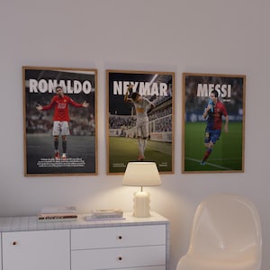 Mbappe Ronaldo Messi Poster set of 3, Soccer Art Print, Football Poster, Mid-Century Modern, Uni Dorm Room