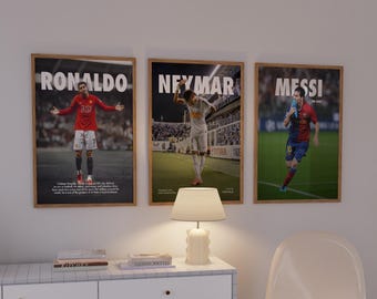 Mbappe Ronaldo Messi Poster set of 3, Soccer Art Print, Football Poster, Mid-Century Modern, Uni Dorm Room