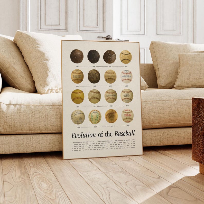 May include: A framed print titled "Evolution of the Baseball" shows a collection of vintage baseballs. The print features baseballs from different eras, showcasing variations in colour and design. The print is displayed on a wooden floor, leaning against a beige sofa.