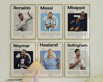 Póster de Mbappé, Ronaldo, Messi y Neymar, póster imprimible de fútbol, estilo moderno de mediados de siglo, para dormitorio universitario, ideal para aficionados al fútbol, juego de 6