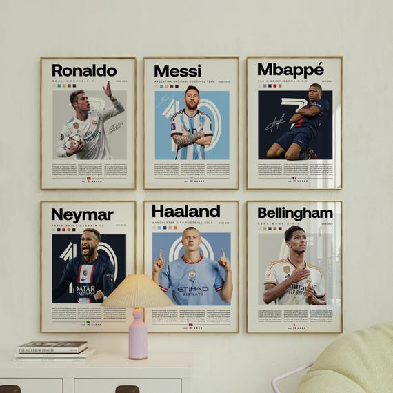 Mbappe Ronaldo Messi Neymar Poster Bundler, Soccer Football Printable Poster, Mid-Century Modern, Uni Dorm Room, Soccer GOATs, Set of 6