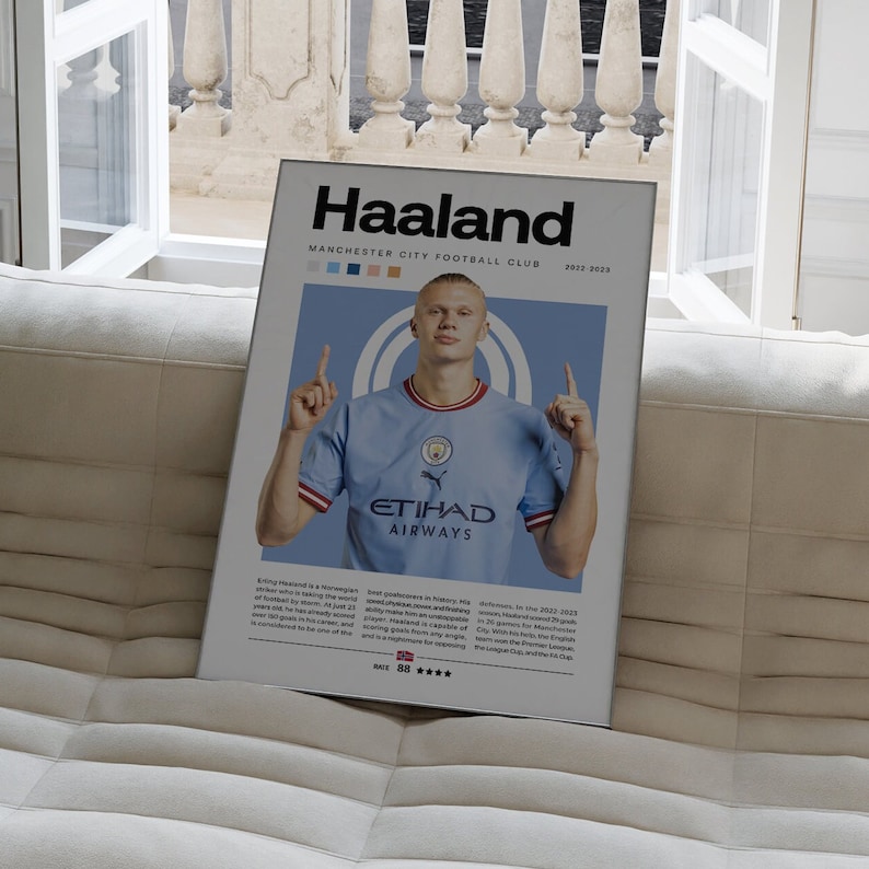 May include: A poster featuring a photo of Erling Haaland, a professional soccer player for Manchester City Football Club. The poster has a blue and white color scheme and includes the text "Haaland", "Manchester City Football Club", "2022-2023", and "Etihad Airways".