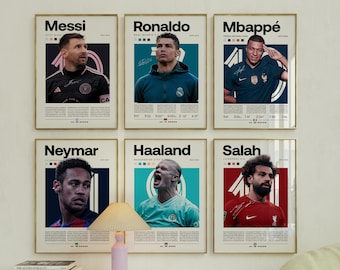 Mbappe Ronaldo Messi Neymar Poster Bundler, Soccer Football Printable Salah Poster, Mid-Century Modern, Uni Dorm Room, Soccer GOAT, Set of 6