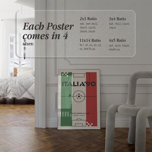 May include: A framed poster featuring a soccer field design with the text "ITALIA'90" in the center. The poster is in a room with a bed and a chair. The poster comes in 4 sizes: 4x6, 6x9, 8x12, 10x15, 12x18, 20x30, 24x36, 5x7, A5, A4, A3, A2, A1, 4x5, 8x10, 16x20, 40x50 cm.