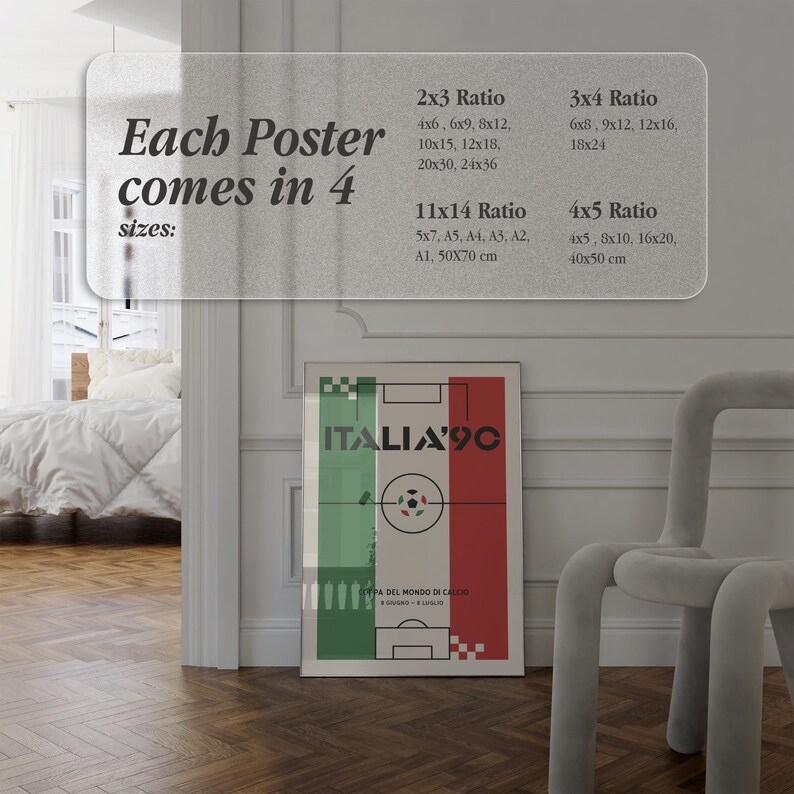 May include: A framed poster featuring a soccer field design with the text "ITALIA'90" in the center. The poster is in a room with a bed and a chair. The poster comes in 4 sizes: 4x6, 6x9, 8x12, 10x15, 12x18, 20x30, 24x36, 5x7, A5, A4, A3, A2, A1, 4x5, 8x10, 16x20, 40x50 cm.