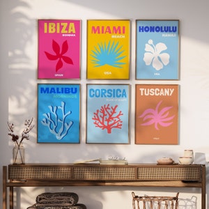 Conjunto de 16 impresiones de lugares famosos de viajes, Ibiza Miami Mykonos Amalfi Bondi Palm Beach Gallery Preppy Travel carteles Dorm Room Decor PRINTABLE