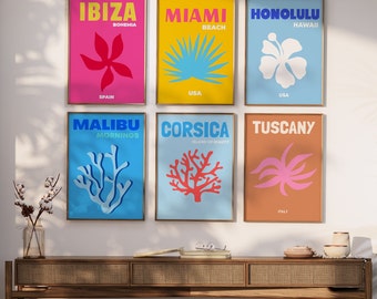 Lot de 16 affiches de voyage Lieux célèbres, Ibiza Miami Mykonos Amalfi Bondi Palm Beach Gallery Affiches de voyage preppy Décoration de dortoir IMPRIMABLE