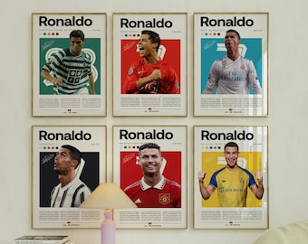 Set di 6 poster di Cristiano Ronaldo, regali di calcio, poster sportivo, poster di calcio Carrer, arte murale di calcio, poster sportivi per camera da letto