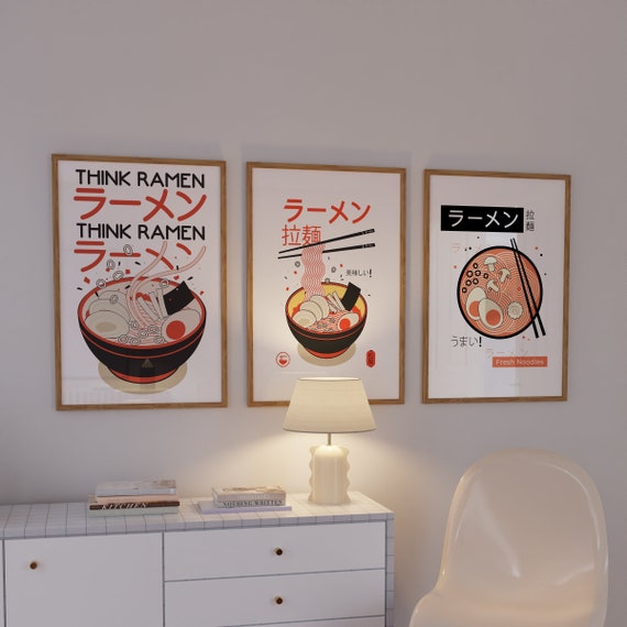 Japanese Ramen Noodles Print Set Japanese Culture Asian Culture Print Pink Ramen Poster Modern Kitchen Decor Printable Kitchen Wall Art