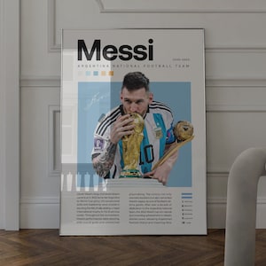 May include: A poster featuring a photo of Lionel Messi holding the World Cup trophy. The poster has the text "Messi" in large bold letters at the top and "Argentina National Football Team" below it. The poster also includes a timeline of Messi's career with the Argentina national team, 2005-2023.