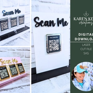 May include: Three white acrylic stands with black bases, each with a different colored "Scan Me" sign and a set of square QR code stickers. The stickers are labeled with "Facebook", "Instagram", and "Etsy".