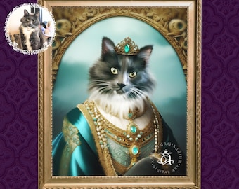 Renaissance Princess Cat Portrait, Custom Painting from Picture, Medieval Cat Portrait, Pet Portrait, Gift for Cat Owner, Pet Loss Gift,