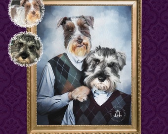 Custom Funny Dog Portrait, Schnauzer Step Brothers, Awkward Family Pet Photo, Dog Portraits On Canvas, Gift for Cat Owner, Unique Gift,