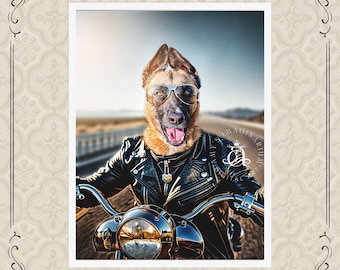 Funny Custom Dog Portrait, Dog On a Motorcycle, Royal Pet Photo, Dog Portraits On Canvas, Gift for Dog  and Motorcycle Owner, Unique Gift