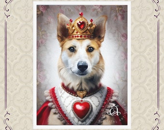 Queen of Hearts Pet Portrait, Renaissance Pet Portrait from Photo, Dog Portraits On Canvas, Valentine Gift for Pet Owner, Funny Unique Gift,