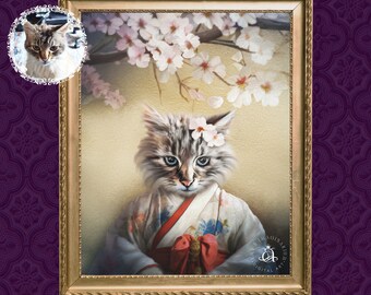Custom Pet Portrait, Asian Japanese Style Cat in Kimono, Pet Portraits On Canvas, Gift for Cat Owner, Unique Gift, Pet Loss Memorial