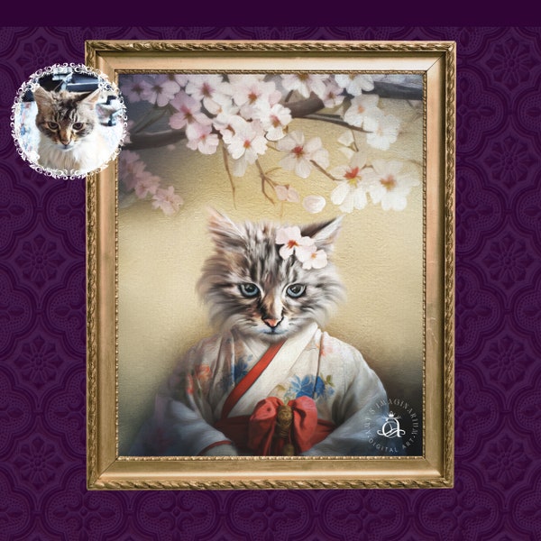 Custom Pet Portrait, Asian Japanese Style Cat in Kimono, Pet Portraits On Canvas, Gift for Cat Owner, Unique Gift, Pet Loss Memorial