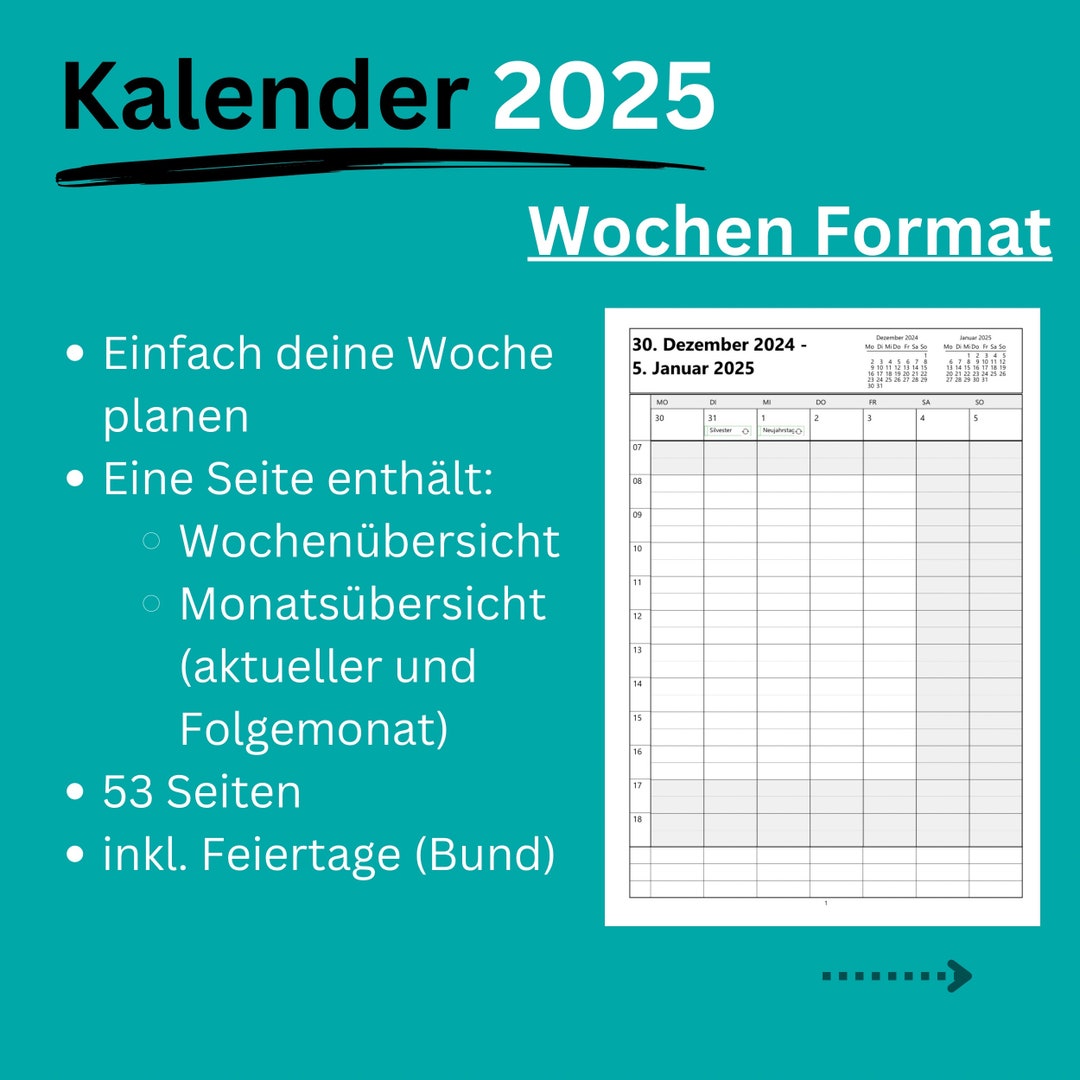 Druckbarer Kalender 2025 Wochen Format DIN A4 Geschäftlich Etsy