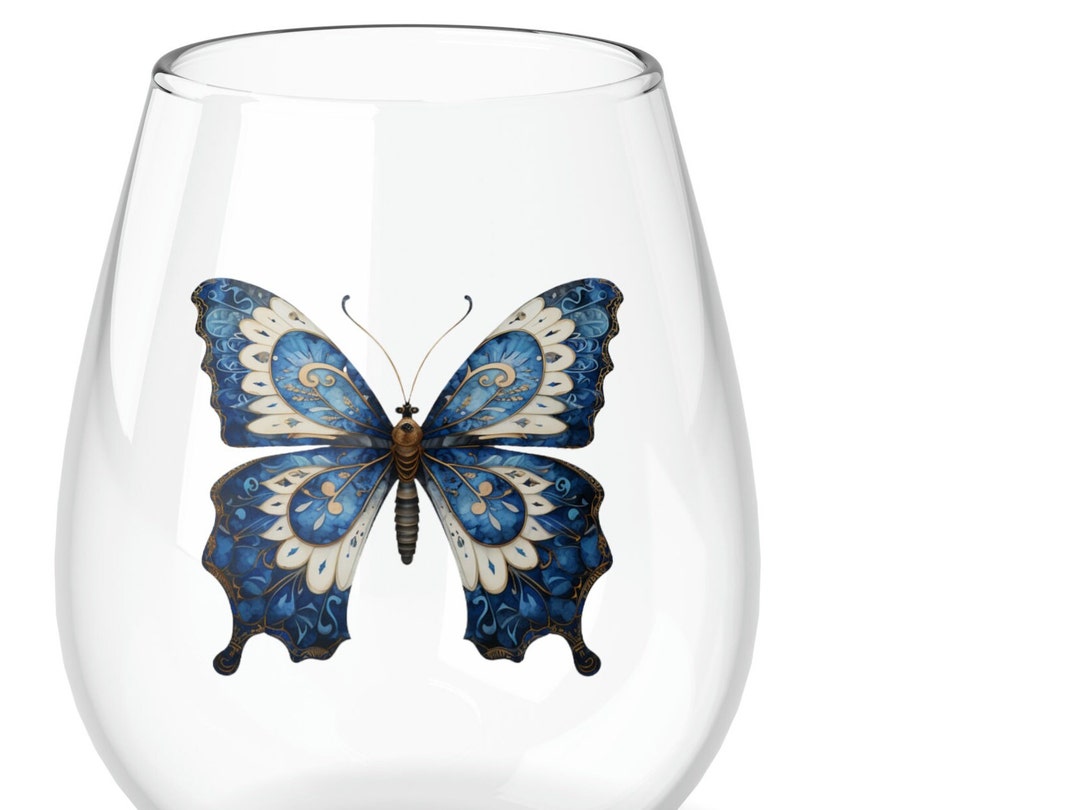 Unique Blue Butterfly Stemless Wine Glass 11 Oz Beautiful Wine Glass