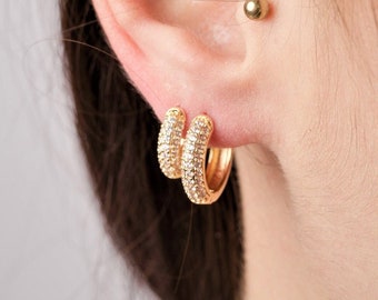 Pave Thick Hoops • CZ Diamond Huggies • Huggie Hoop Earrings • Dome Hoops • Minimalist Jewelry