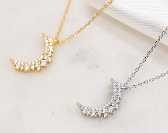 Pave Diamant Mond Halskette • Halbmond Sterling Silber Halskette • Himmlischer Schmuck • Astrologie Schmuck