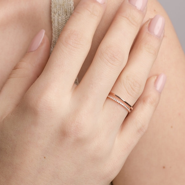 Pave Duo Ring • Zierlicher Rose Gold Ring • Verlobungsring • Ringe für Frauen • Perfektes Geschenk für Sie