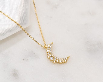 Pave Diamond Moon Necklace • Crescent Moon 14K Gold Pendant • Celestial Jewelry • Best Friend Necklace