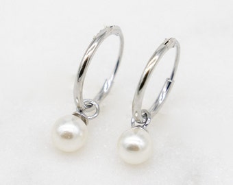 Dainty Pearl Hoop Earrings • Sterling Silver Pearl Huggies • Pearl Huggie Hoop Earrings • Bridal Earrings • Gift For Her