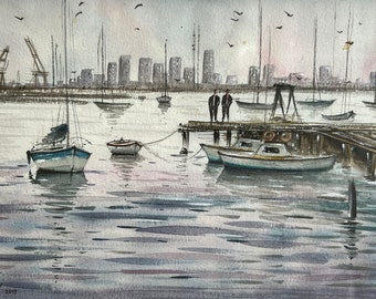 Signed Seaport Watercolour Painting, Framed Coastal Fine Art