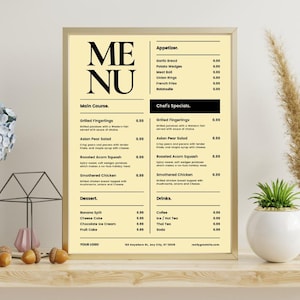 Plantilla de menú de restaurante moderno - Menú editable en Canva - Lista de comidas y bebidas imprimible - Diseño de menú de cafetería digital