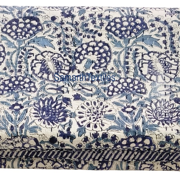 Indian Handmade Blue Color Floral King-Queen-Twin-Pillow Cover Kantha Quilt Blanket Bedspread Hand Block Print Kantha Quilt Bestickte Kissen