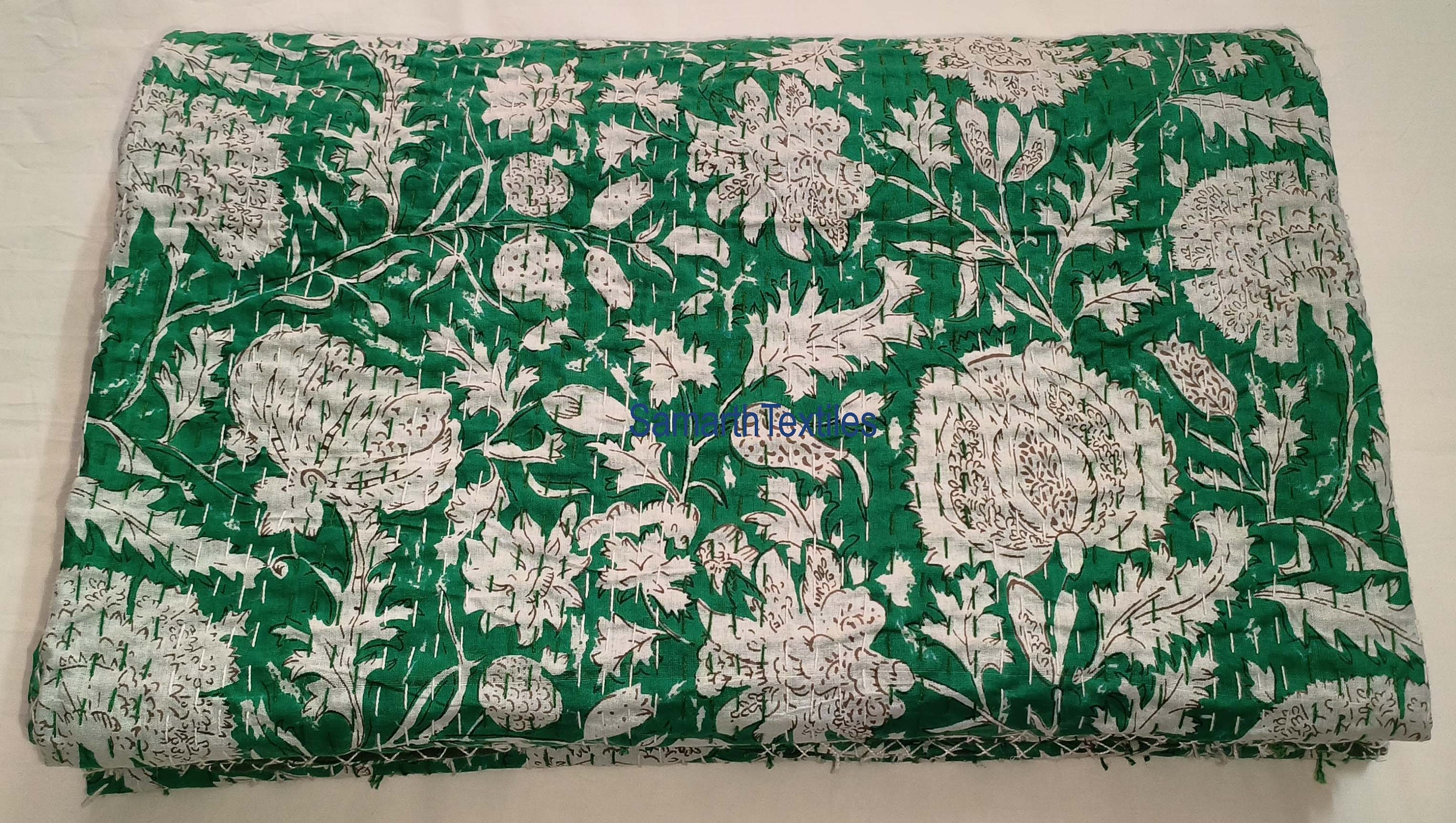 Kantha Quilt Green Floral Kantha Quilted Bedspread Throw Blanket Cotton