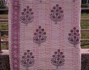 Hand Block Pink Floral Cotton Bedspread Reversible kantha Throw Blanket