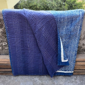 Indian Hand Block Print Kantha Quilt Indigo Blue Quilt Handmade Kantha Throw Cotton Coverlet Bedspread Twin Quilt