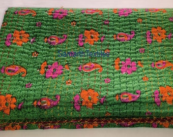 Handmade Green Floral Kantha Quilt Hand Block Print 100% Cotton Blanket
