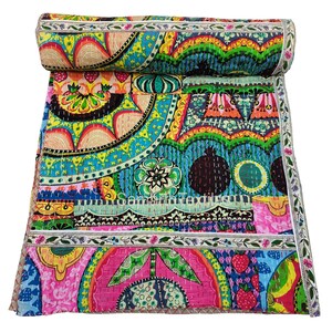 Indian Handmade Kantha Quilt Throw Multi Color Patchwork Design Cotton Kantha Bedspread Throw Bedcover Strip Kantha Quilt