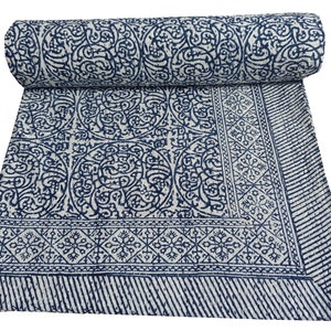 Indian Handmade Kantha Quilt Hand block Print Kantha Bedspread Blanket 100 % Cotton Bedcover Bedding Coverlet  Quilt blue Kantha Quilt Queen