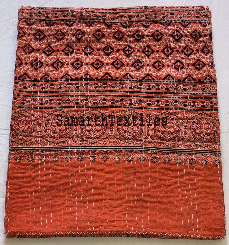 Orange Kantha Quilt Ajrakh Handmade Block Print Cotton Quilt Ajrakh